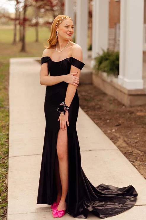 DingJiDress Mermaid Long Prom Dresses Black Off the Shoulder Satin Evening Dress