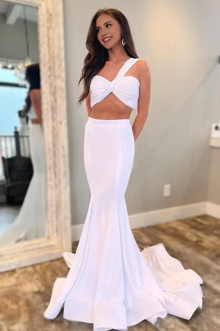 DingJiDress Formal Dress Mermaid One Shoulder Sleeveless Pleated Empire Satin Sexy Prom Dress