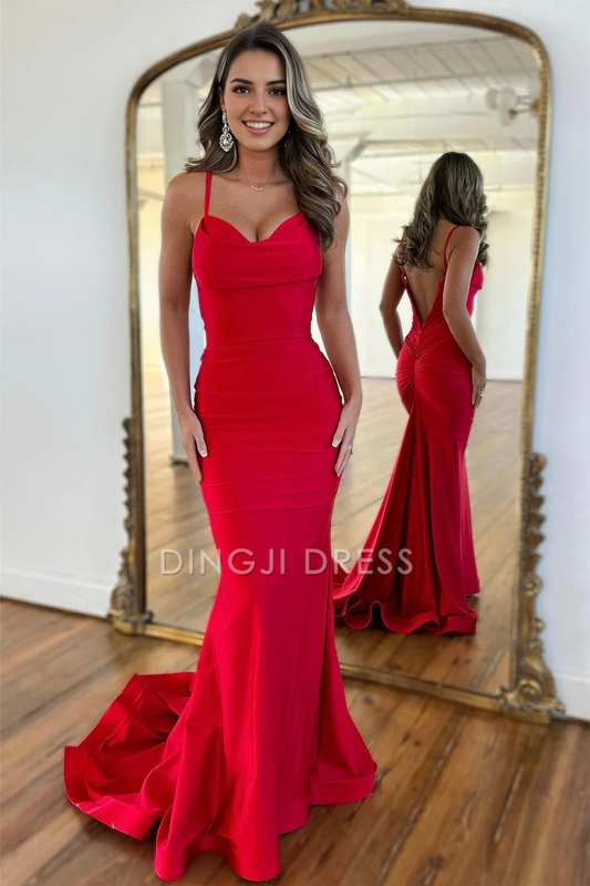 DingJiDress Simple Satin Mermaid Spaghetti Straps Backless Long Elegant Prom Dress