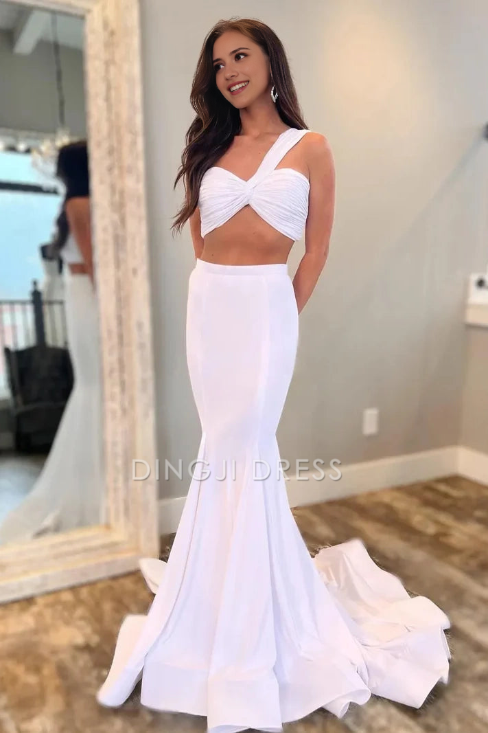 DingJiDress Formal Dress Mermaid One Shoulder Sleeveless Pleated Empire Satin Sexy Prom Dress