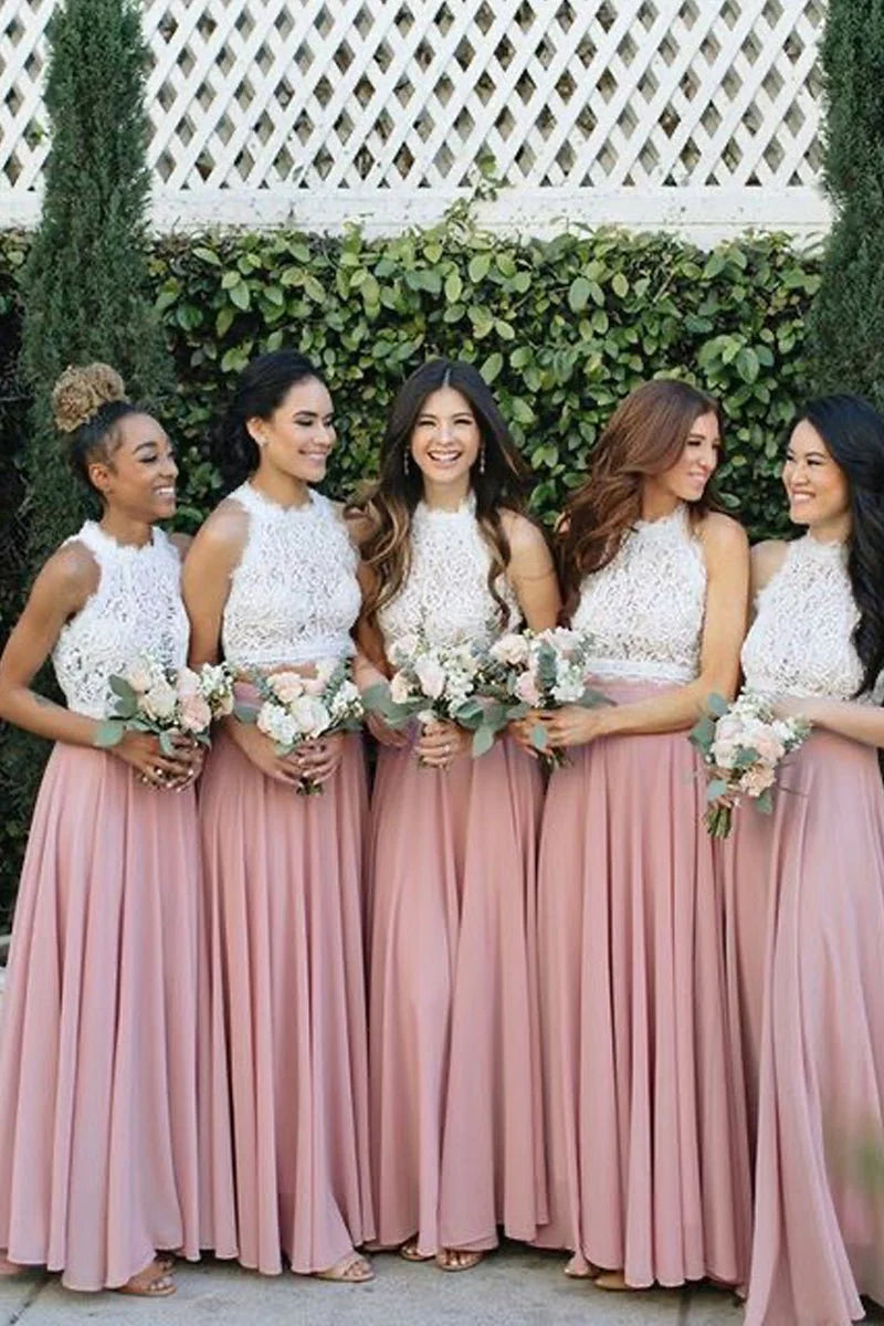 Pink A Line Lace and Chiffon High Neck Sleeveless Retro 2 Piece Low Cost Floor Length Bridesmaid Dresses