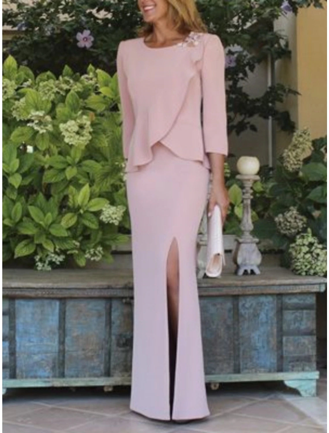 Sheath / Column Mother of the Bride Dress Wedding Guest Elegant Sweet Scoop Neck Floor Length Chiffon 3/4 Length Sleeve with Appliques