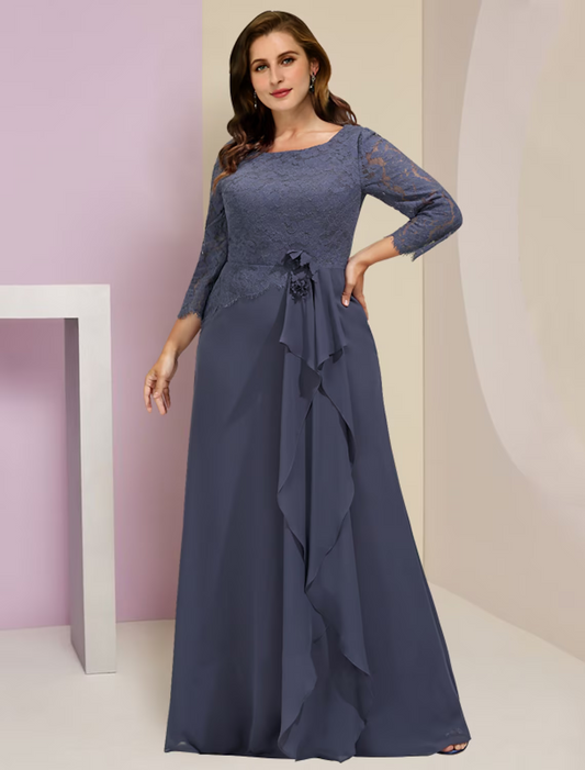 Plus Size Mother of the Bride Dress Wedding Guest Party Elegant Scoop Neck Floor Length Chiffon Lace Sleeve with Ruffles Appliques