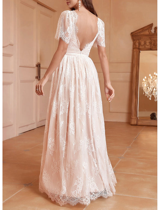 DingJiDress Wedding Dresses A-Line V Neck Short Sleeve Floor Length Lace Bridal Gowns With Pleats