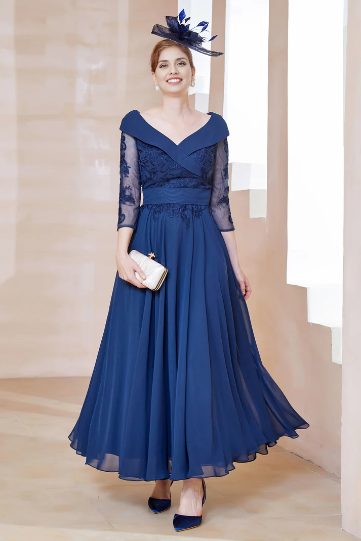 DingJiDress November December Autumn Winter Wedding Guest Dress V-Neck Lace A-Line Chiffon Dress Mother of the Groom / Bride Dresses