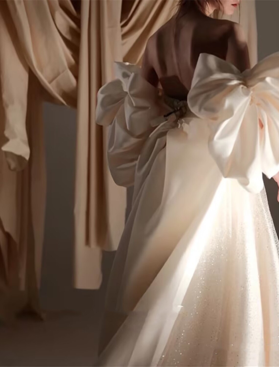 Formal Glitter & Sparkle Wedding Dresses A-Line Square Neck Short Sleeve Court Train Satin Bridal Gowns