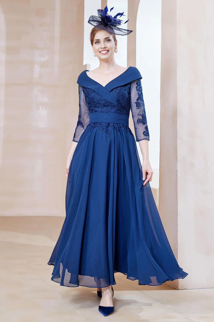 DingJiDress November December Autumn Winter Wedding Guest Dress V-Neck Lace A-Line Chiffon Dress Mother of the Groom / Bride Dresses