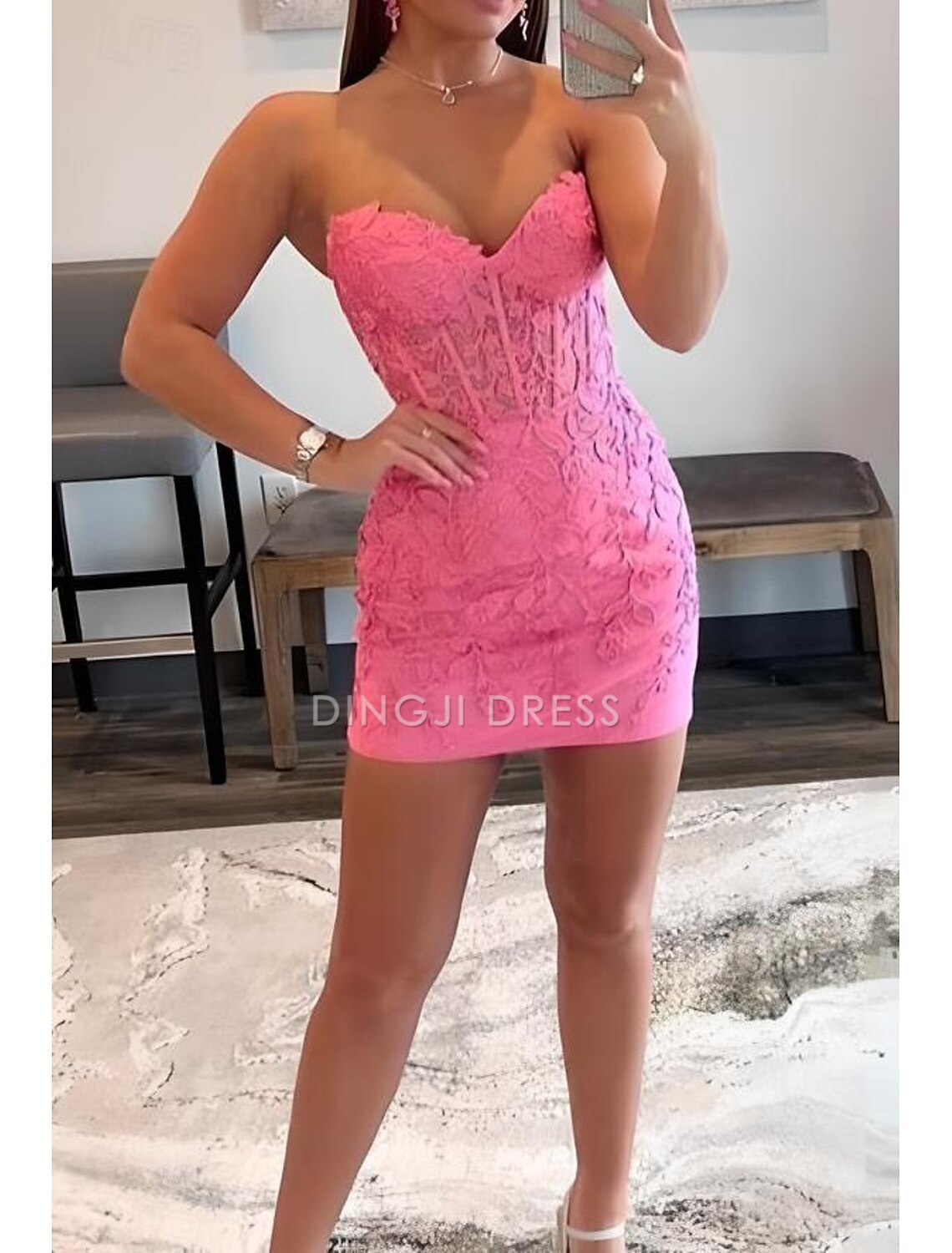 DingJiDress Hot Sale Short Prom Dress A-Line Corsets Dress Holiday Graduation Sleeveless Strapless Lace with Appliques Exquisite New Homecoming Dress