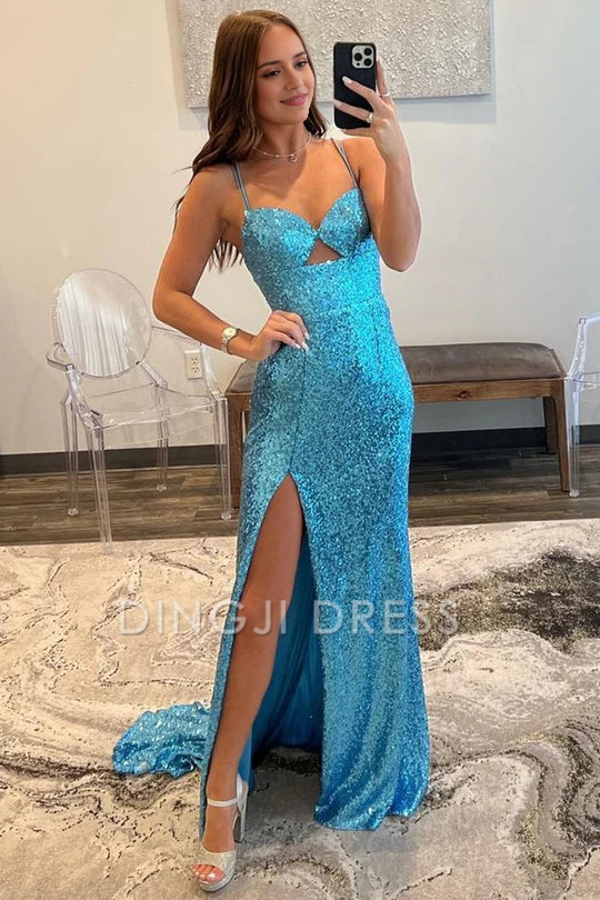 DingJiDress Formal Dress Glitter Fitted Sweetheart Spaghetti Straps Side Fork With Train Charming Prom Dress