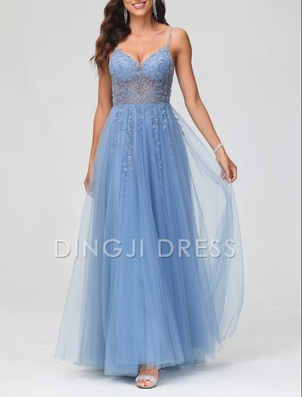 DingJiDress Evening Dress A-Line Spaghetti Straps Tulle Backless Sweep Train Dress Side Fork Exquisite Romantic Formal Dress