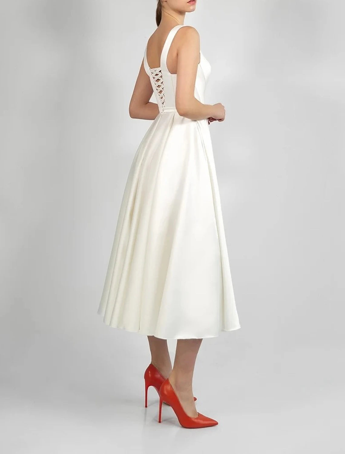 DingJiDress Hall Little White Dresses Wedding Dresses A-Line Scoop Neck Sleeveless Tea Length Satin Bridal Gowns With Pleats