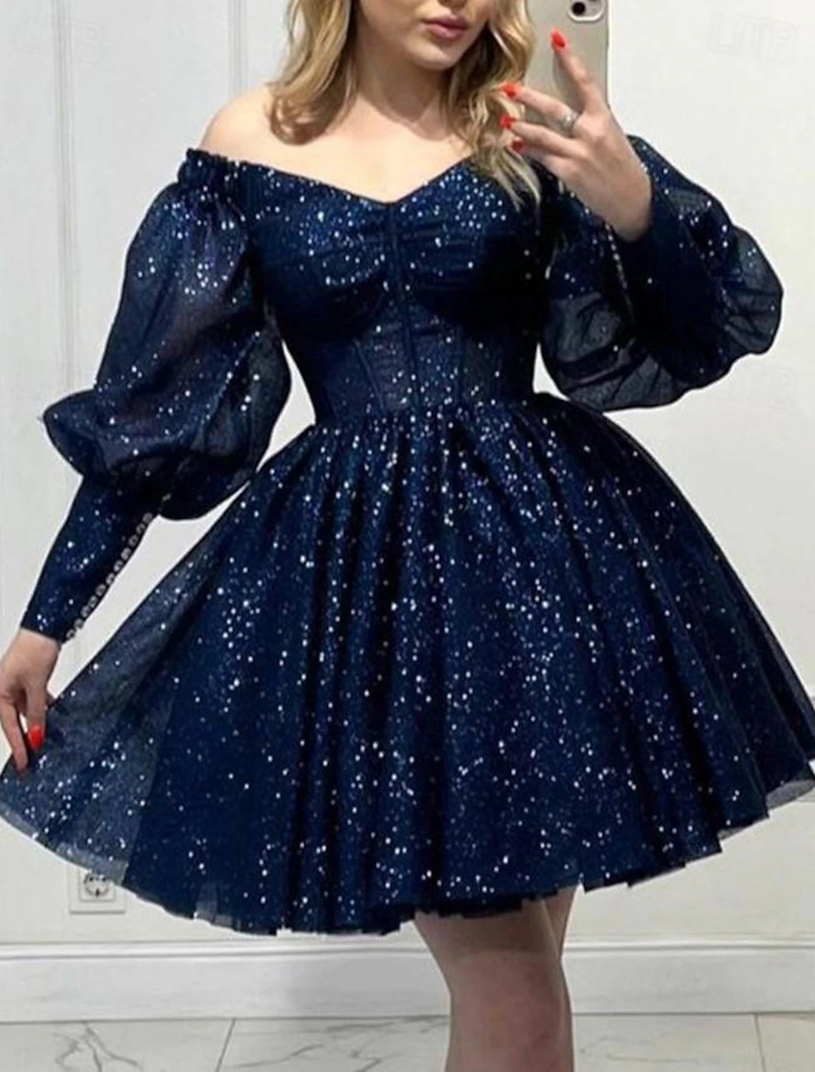 DingJiDress Hot Sale Short Prom Dress Sequin A-Line V Neck Long Sleeve Corsets Dress Holiday Graduation Glitter New Homecoming Dress