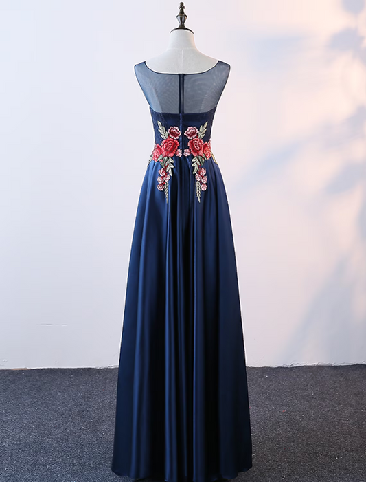 A-Line Evening Gown Elegant Dress Prom Floor Length Sleeveless Jewel Neck Satin with Embroidery Appliques