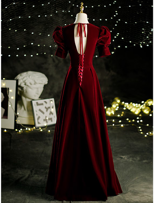 A-Line Mother of the Bride Dress Vintage Elegant V Neck Velvet Short Sleeve with Pleats
