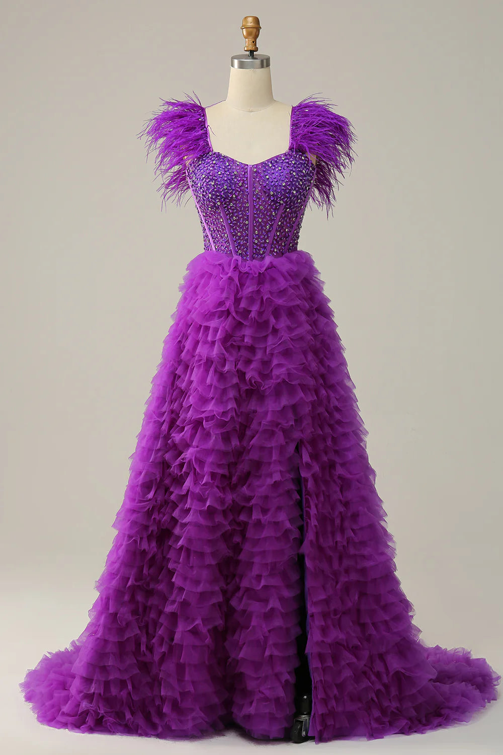 DingJiDress A Line Sweetheart Purple Long Prom Dress with Beading Feathers