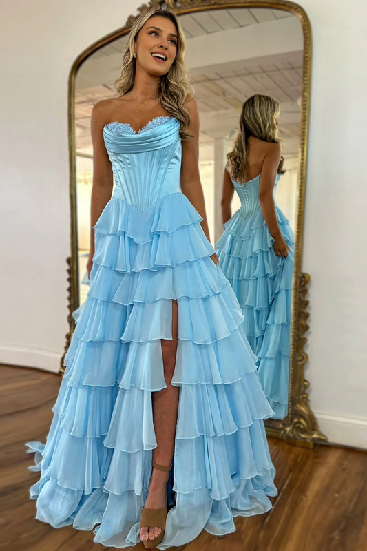 DingJiDress Lovely A-Line Sweetheart Long Tiered with Slit Fashion Prom Dress