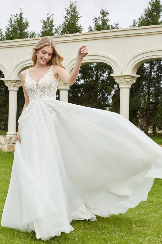 Sparkle Tulle A-Line Deep V Neck Sleeveless Ruched Exquisite Lace Applique Backless Affordable Hot Sale Wedding Dress