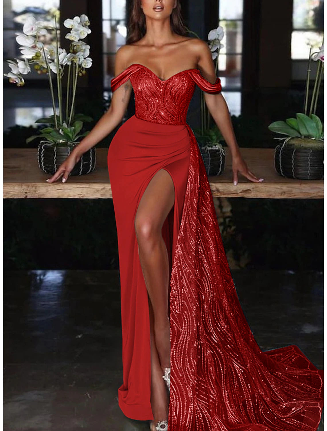 Mermaid / Trumpet Evening Gown Sexy Dress Formal Wedding Guest Court Train Sleeveless Off Shoulder Charmeuse with Ruched Sequin