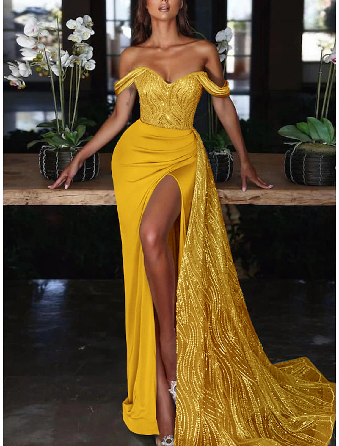 Mermaid / Trumpet Evening Gown Sexy Dress Formal Wedding Guest Court Train Sleeveless Off Shoulder Charmeuse with Ruched Sequin