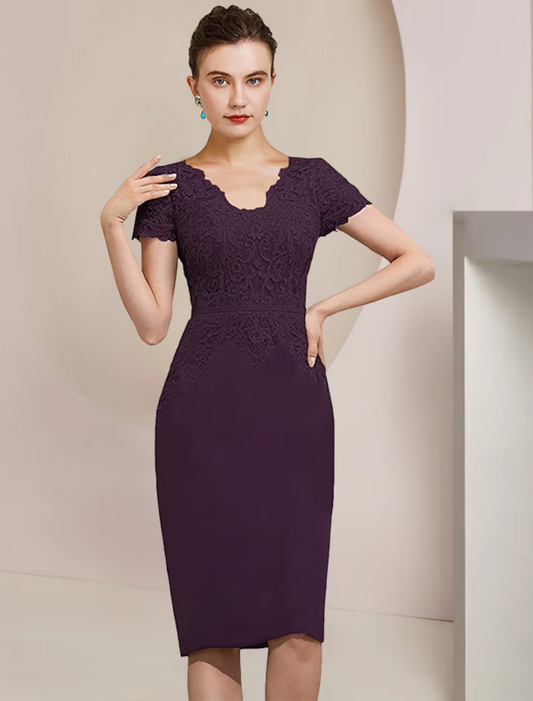 Two Piece Mother of the Bride Dress Formal Wedding Guest Elegant V Neck Knee Length Chiffon Lace Short Sleeve Dresses with Appliques