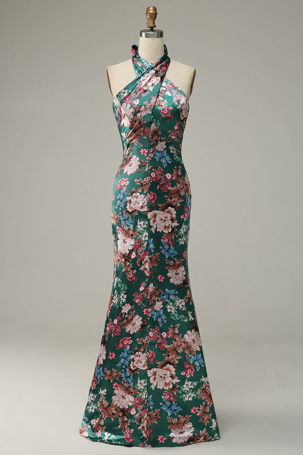 DingJiDress Flower Print Halter Satin Prom Dress