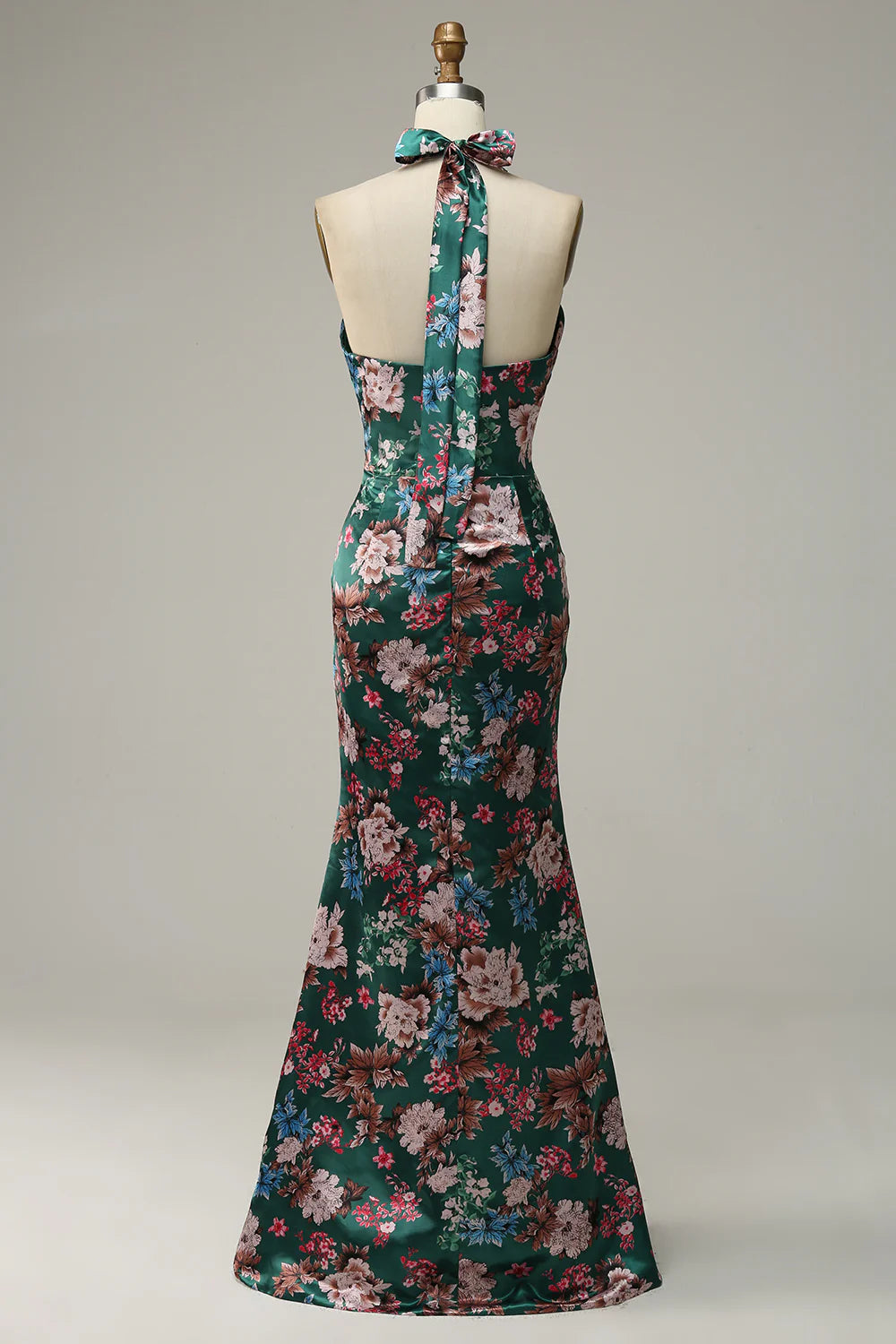 DingJiDress Flower Print Halter Satin Prom Dress