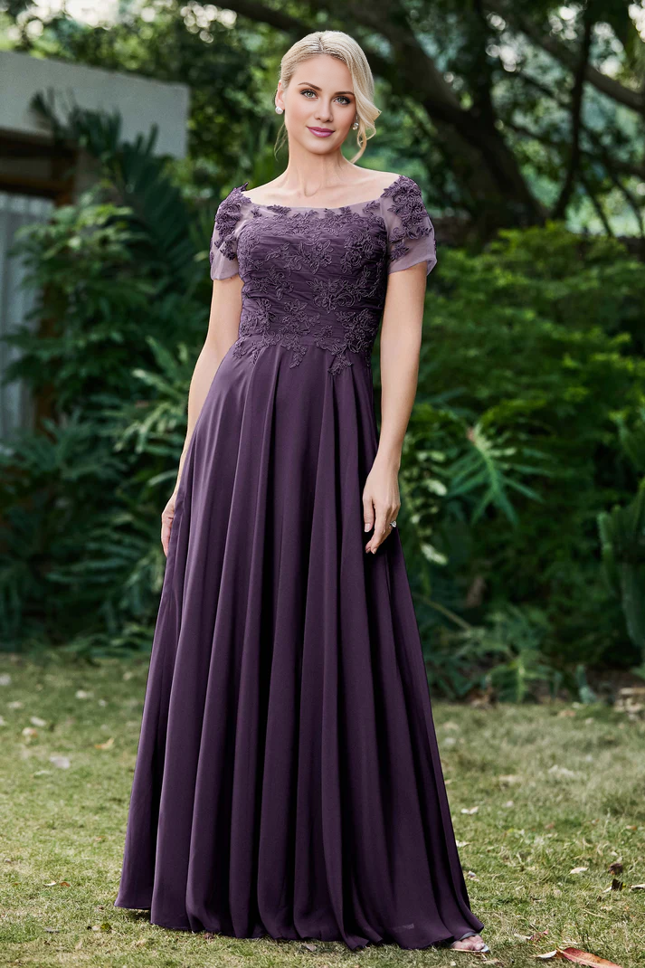 DingJiDress Mother of the Bride Dresses Ruched Applique Short Sleeves Chiffon Long Dress Lace Applique Elegant Dignified Dresses Wedding Guests Dresses