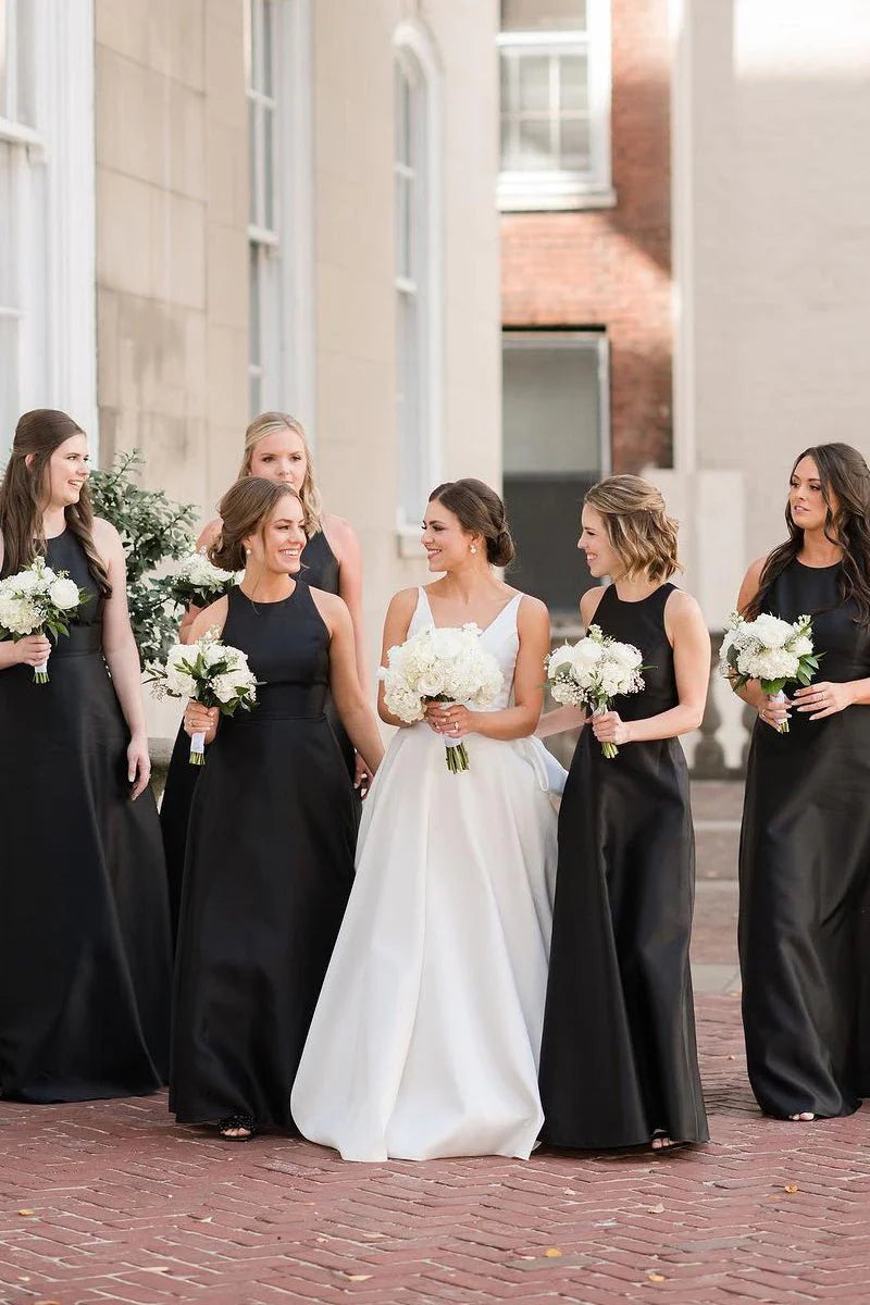 Elegant Simple Black Satin A-Line Round Neck Sleeveless Backless Low Cost Floor Length Bridesmaid Dresses