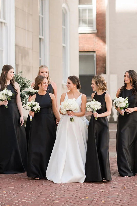Elegant Simple Black Satin A-Line Round Neck Sleeveless Backless Low Cost Floor Length Bridesmaid Dresses