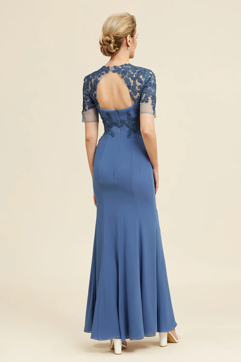 DingJiDress Elegant Blue Mermaid Open Back Mother of the Bride Dress with Slit
