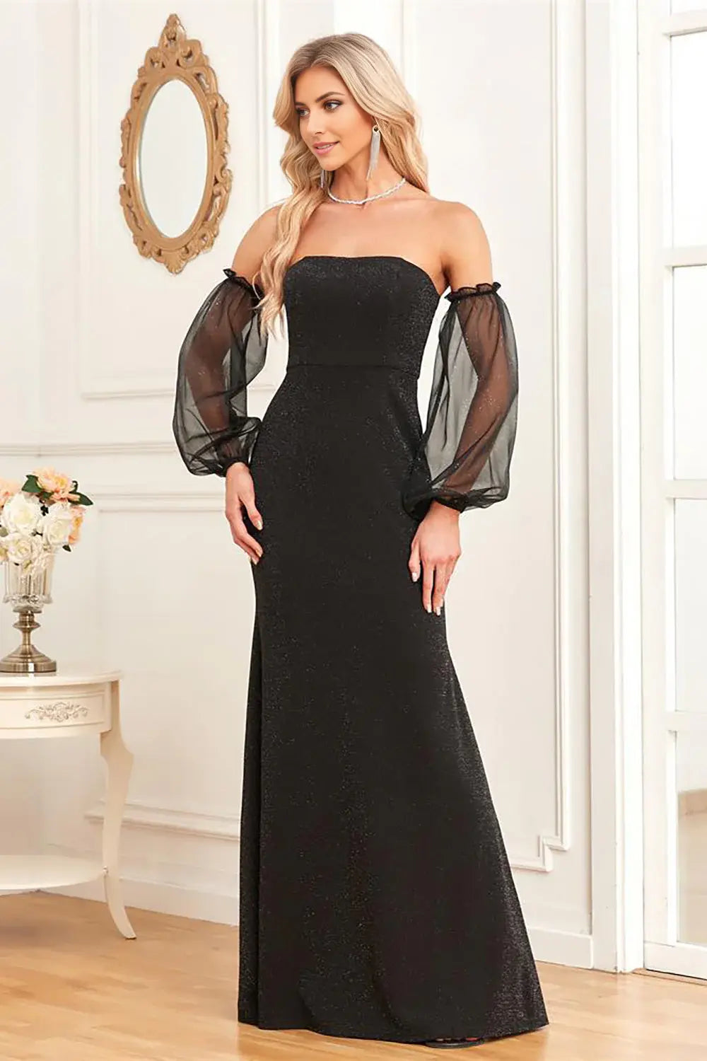 Sparkle Black Mermaid Strapless Detachable Sleeve Backless Elegant Long Formal Dress Hot Sale Evening Dress