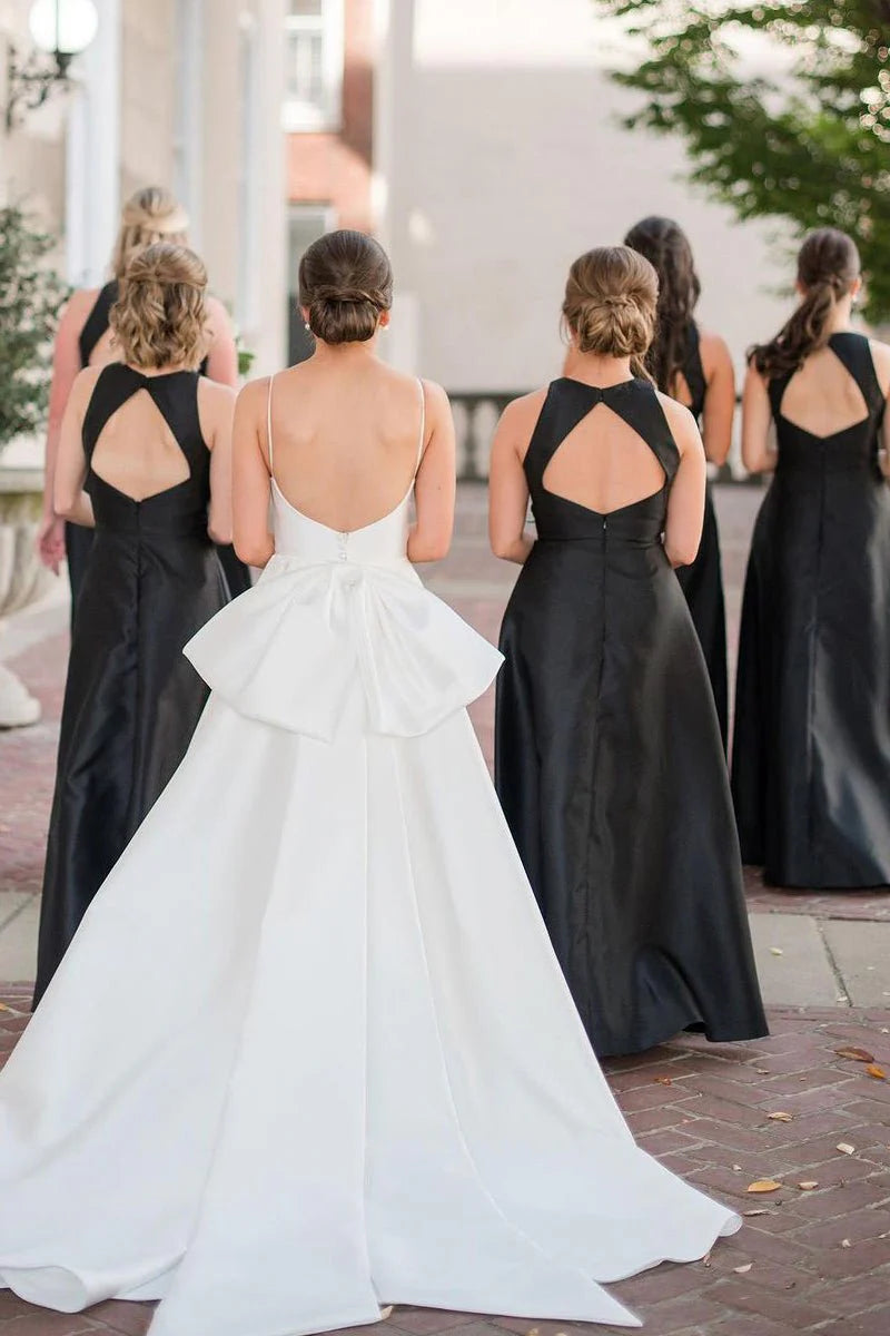 Elegant Simple Black Satin A-Line Round Neck Sleeveless Backless Low Cost Floor Length Bridesmaid Dresses