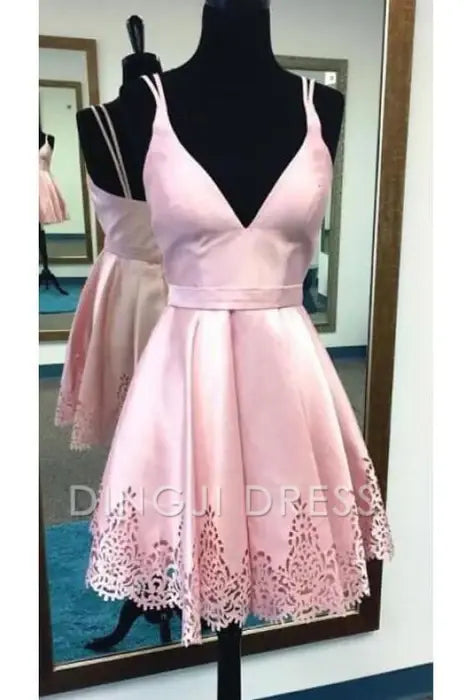 DingJiDress Short Prom Dress A-Line V Neck Spaghetti Straps Satin Sweet Best Selling Homecoming Dress