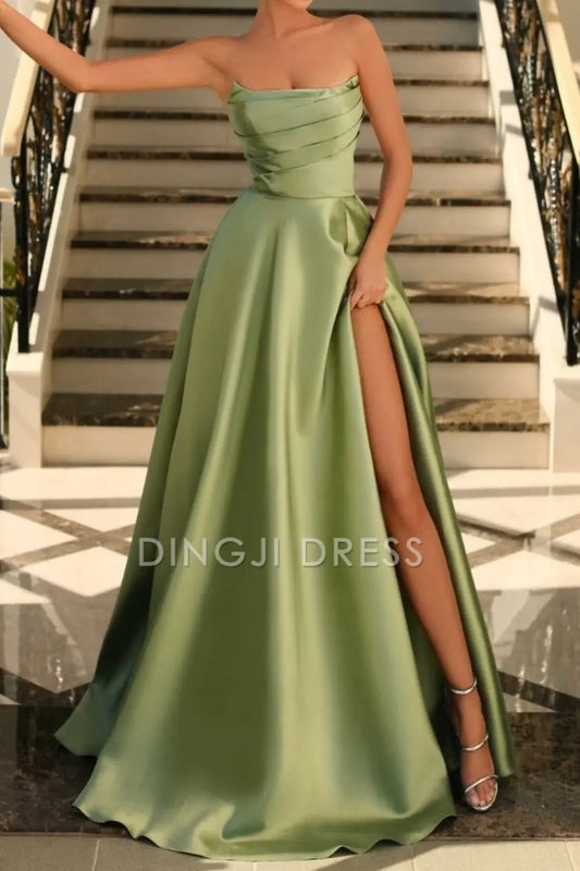 DingJiDress Stunning A-Line Pleated Strapless Long Satin with Slit Elegant Prom Dress