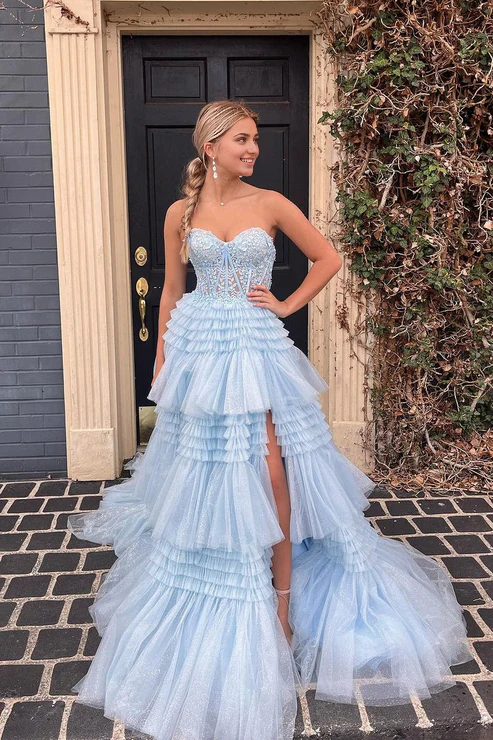 DingJiDress Blue Evening Dress Strapless Ruffle Tiered Tulle Long Prom Dresses