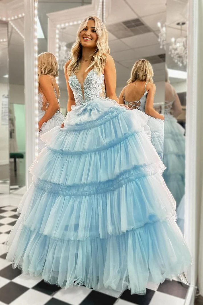 DingJiDress Long Prom Dresses Sky Blue V Neck Ruffle Tiered Tulle Graduation Dresses