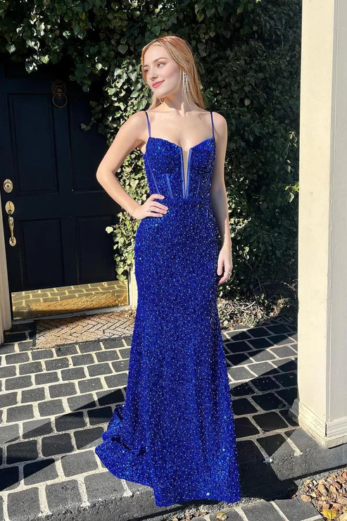 DingJiDress Long Prom Dresses Royal Blue Sequins Spaghetti Straps Mermaid Evening Dress