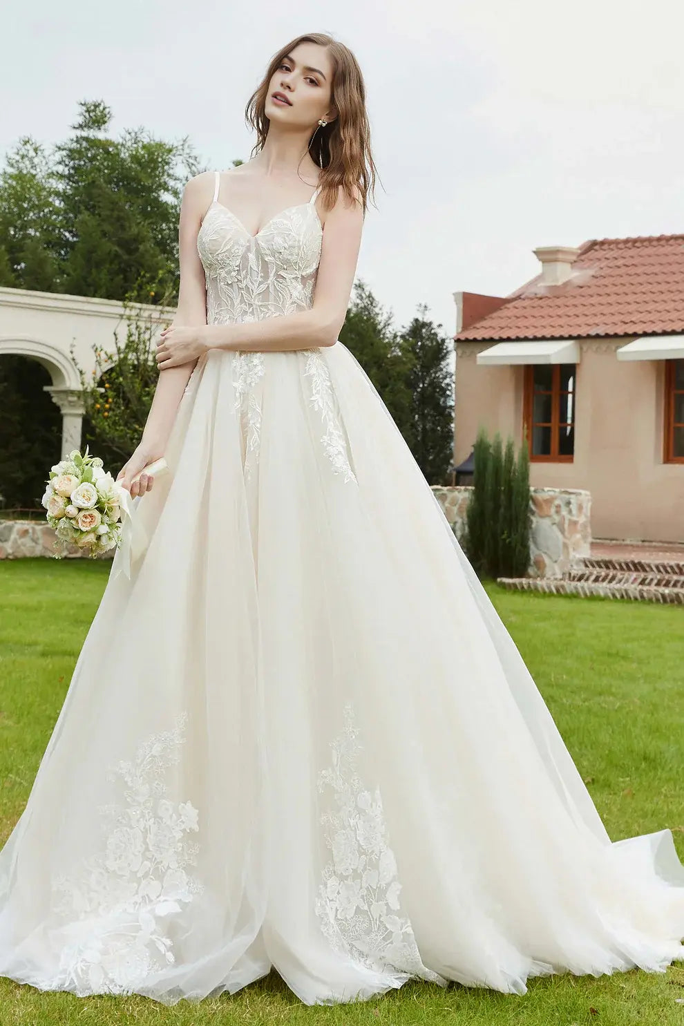 Exquisite A-Line V-Neck Spaghetti Straps Lace Applique Backless Affordable Hot Sale Wedding Dress