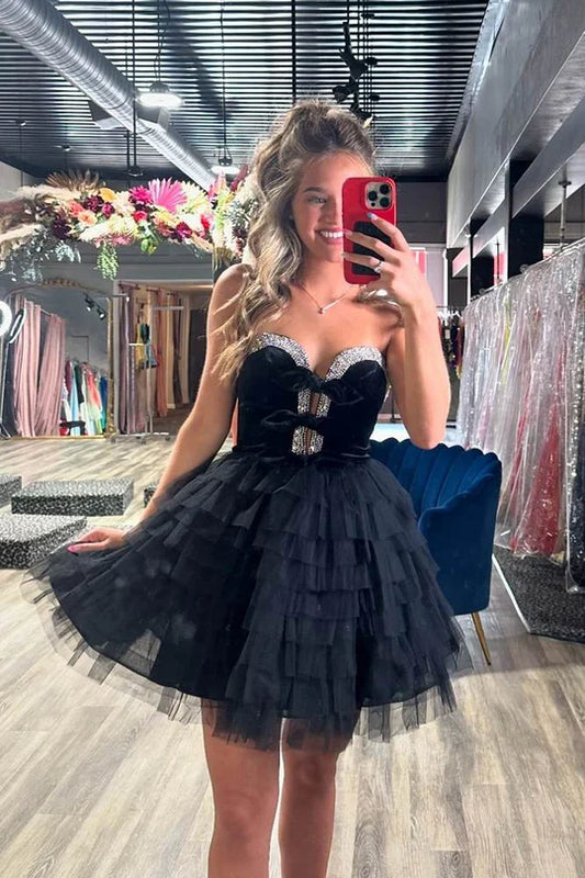 DingJiDress Homecoming Dress Strapless Velvet Beaded Multi-Layer Tulle Black
