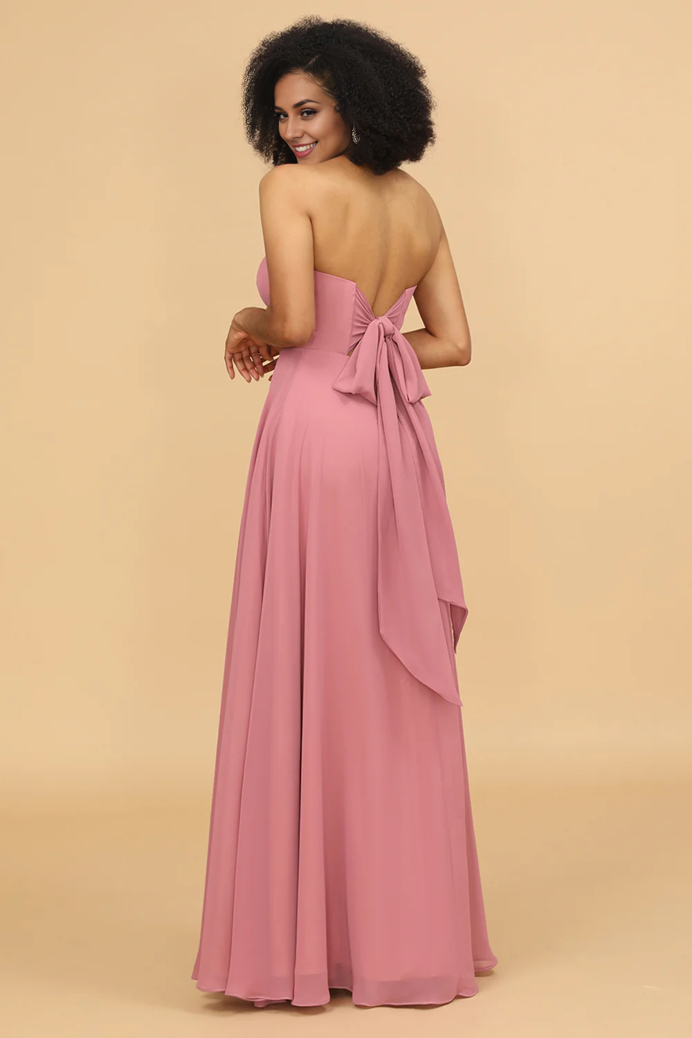 DingJiDress Blush Wedding Guest Dresses Sweetheart Long Chiffon Bridesmaid Dress with Bowknot