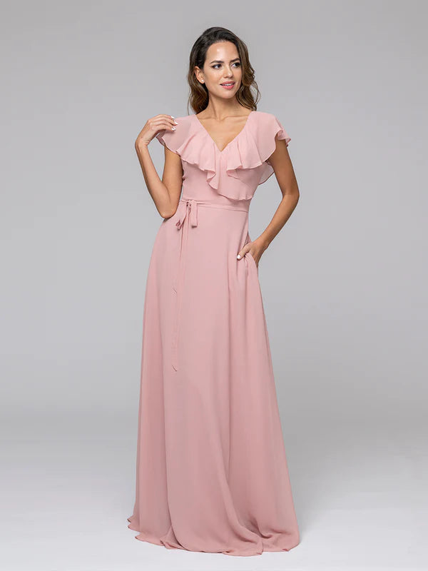 Ruffle Sleeve V Neck Belt Bridesmaid Dresses For Wedding