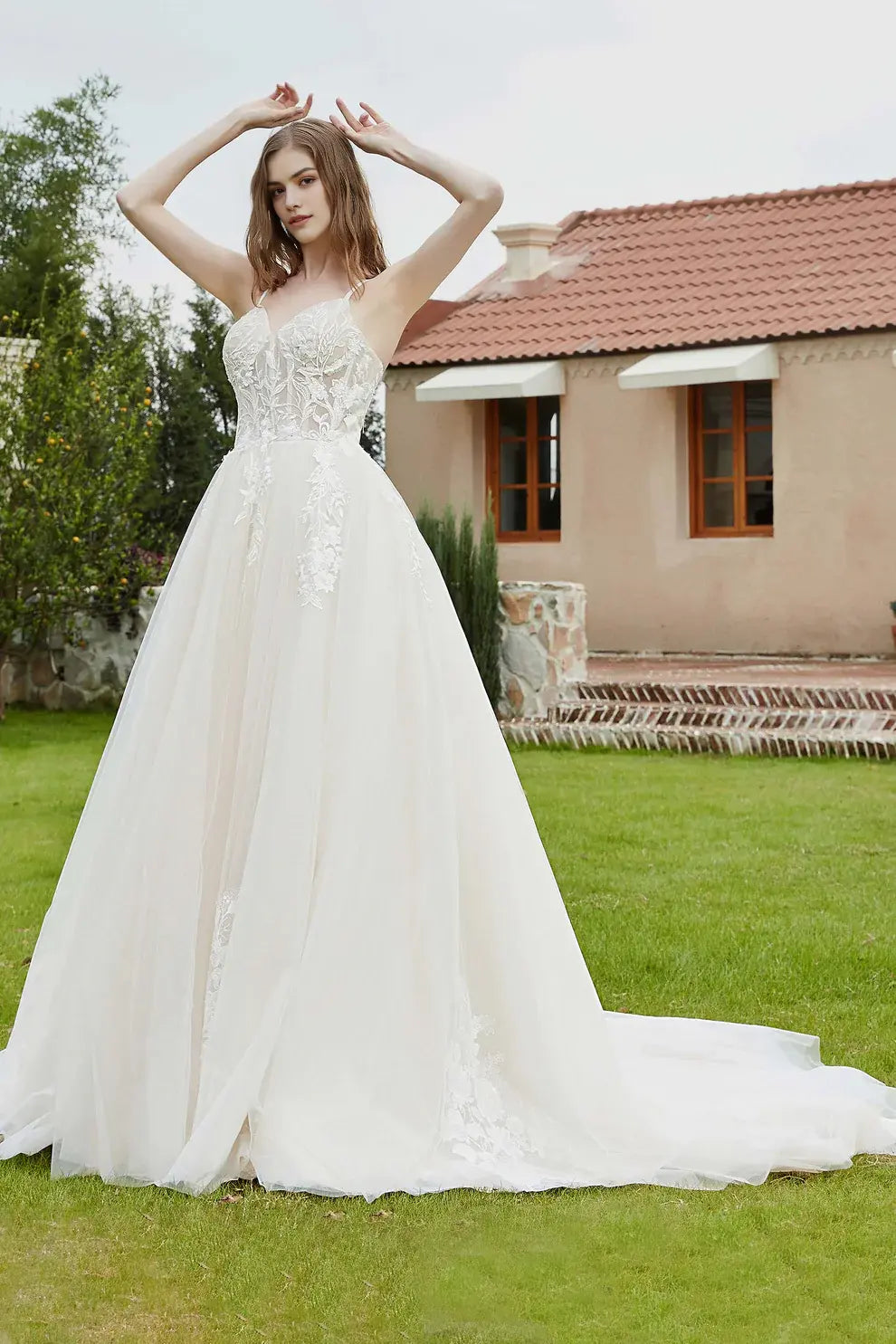 Exquisite A-Line V-Neck Spaghetti Straps Lace Applique Backless Affordable Hot Sale Wedding Dress