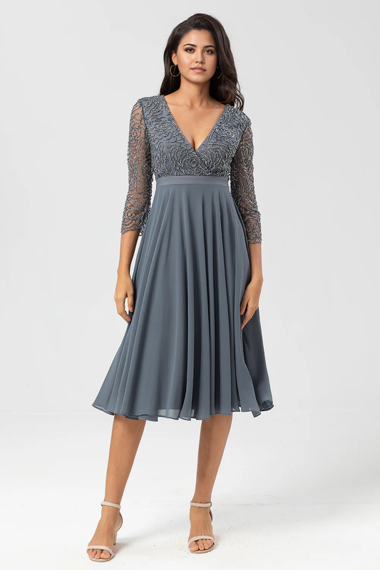 Wholesale Elegant A Line V-Neck Beaded Long Sleeves Embroidered Chiffon Mother of the Bride Dresses