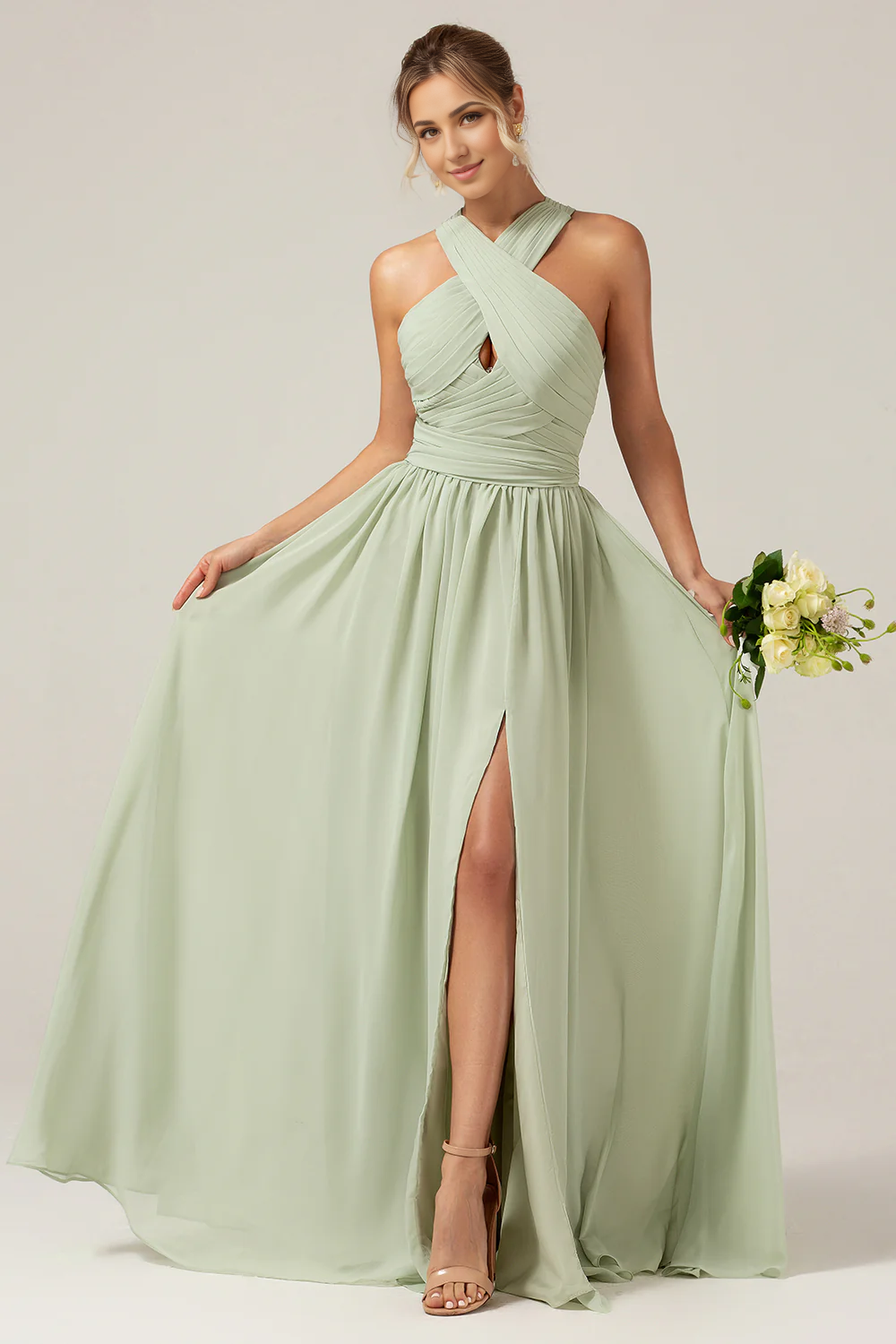 DingJiDress Elegant A Line Halter Pleated Long Maternity Bridesmaid Dress Dusty Sage