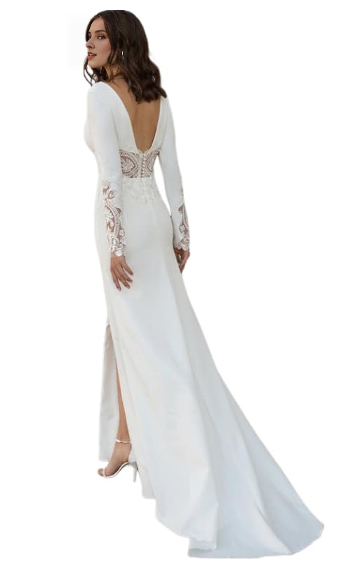DingJiDress Wedding Dress Long Sleeve Boat Neck Button Back Crepe Satin Wedding Gown Formal Women's Dresses