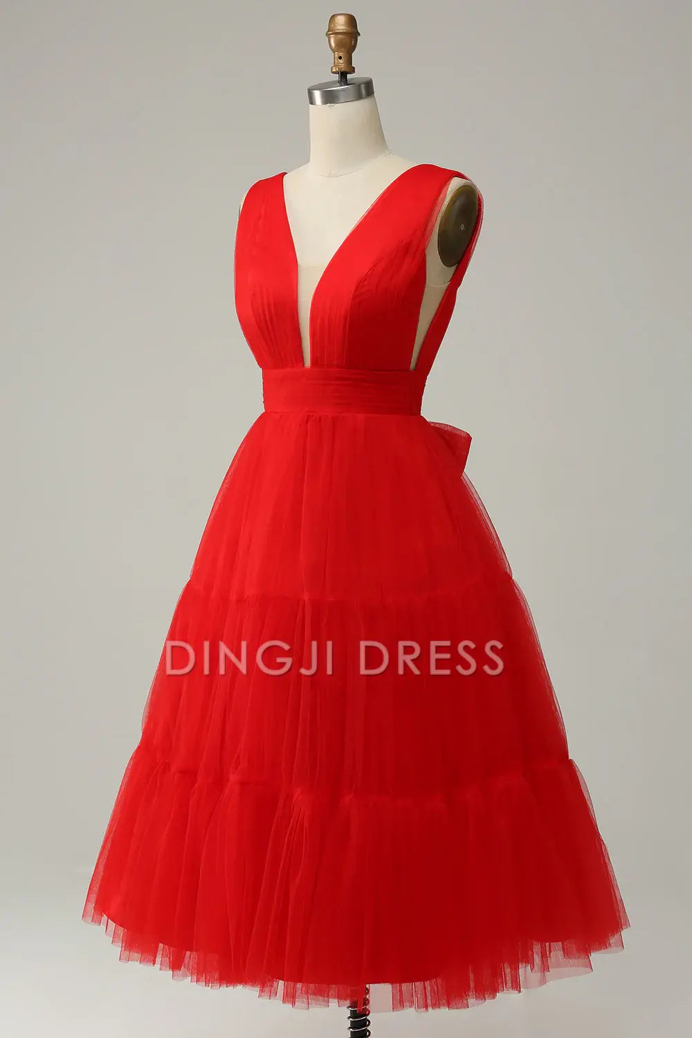 DingJiDress High Quality Dress Elegant V-Neck Pleated Tulle Tea-Length Backless Prom Dress
