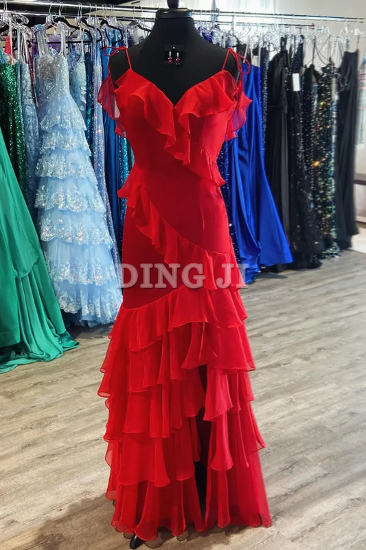 DingJiDress Evening Dress Sweetheart Tie Shoulder Mermaid Ruffle Tiered Long Prom Dress Side Fork Sweep Train Charming Formal Wear Dresses Wedding Guest Dresses