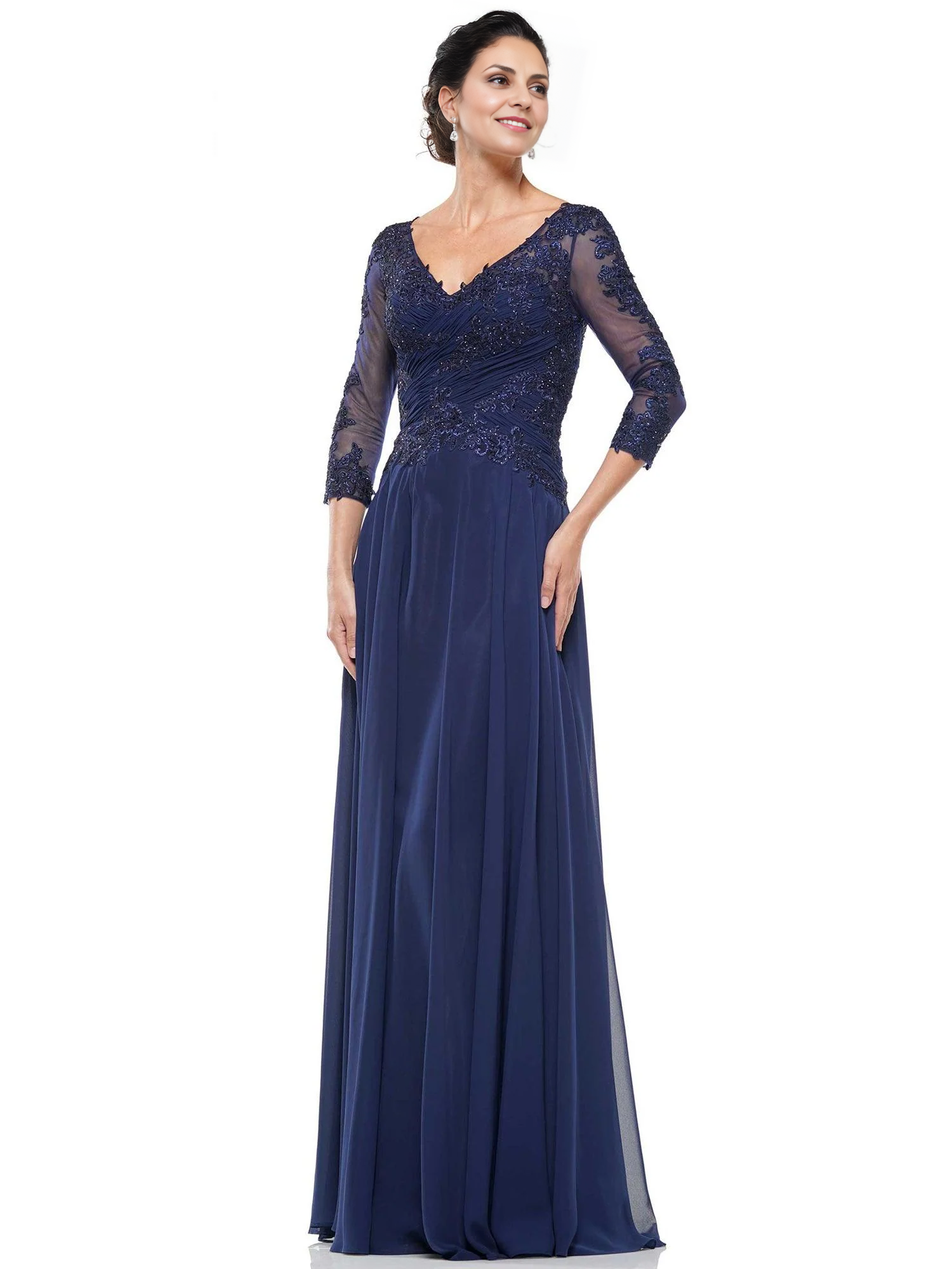 DingJiDress Evening Dress A Line V Neck Lace Sheer 3/4 Sleeves Exquisite Long Mother Of The Bride Dress