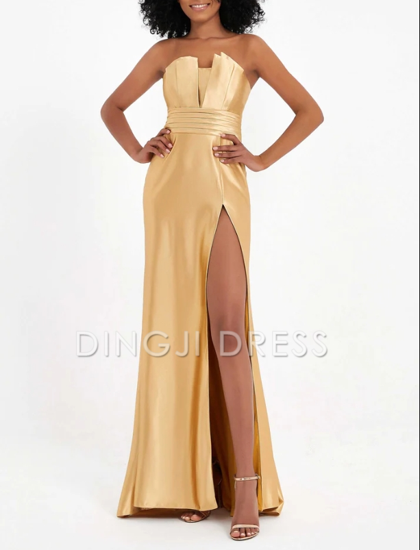 DingJiDress Evening Dress Elegant Sheath Strapless Pleated High Slit Long Satin Side Fork Charming Formal Dress