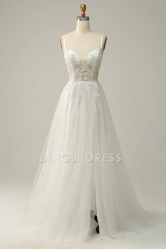 DingJiDress High Quality Dress Evening Dress Elegant A Line Spaghetti Straps Tulle Applique Side Fork Fantastic Long Prom Dress
